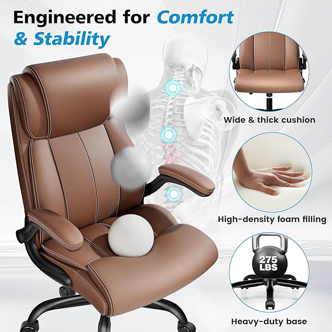 Ergonomic Office Chair – High Back Leather Desk Chair with Adjustable Lumbar Support & Flip-Up Arms, Premium Padded Seat for Home Office Desk, Brown