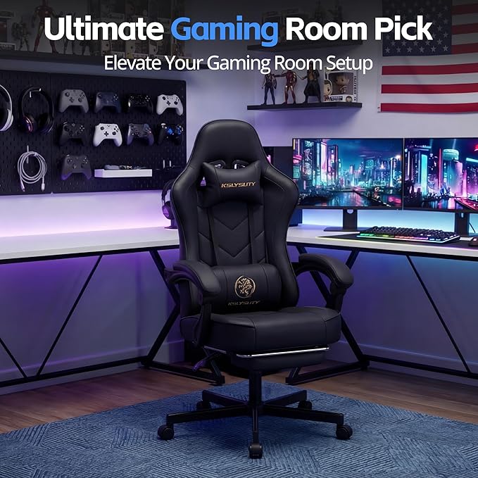 Desk Computer Gaming Chair - High Back Ergonomic Office Chair with Footrest and Lumbar Support, Swivel Comfy Home Gamer Video Game Chairs with Pocket Spring Cushion for Adults (Black Leather)