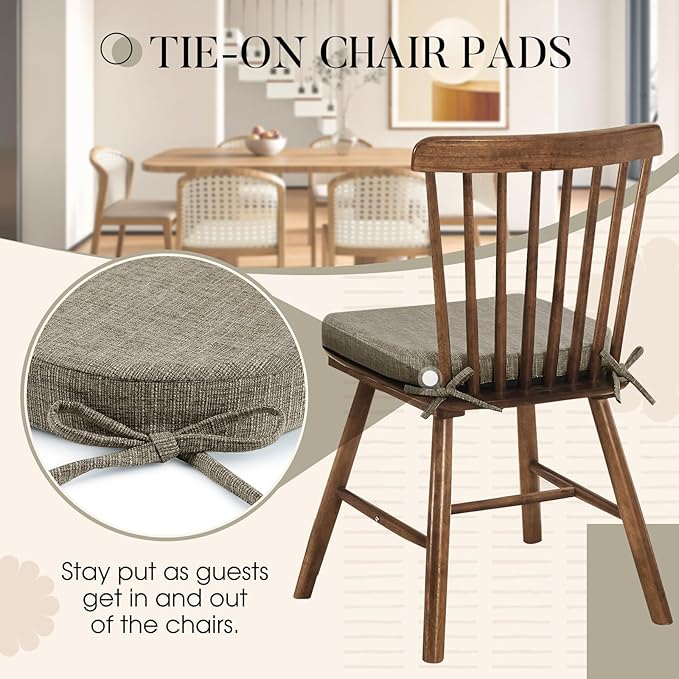 Basic Beyond Chair Cushions for Dining Chairs 4 Pack, Kitchen Chair Cushions with Ties and Non Slip Backing, 16 x 16 inches Chair Pads for Dining Chairs (Khaki)