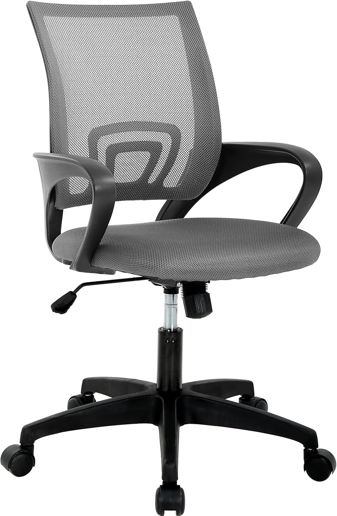 Office Computer Desk Managerial Executive Chair, Ergonomic Mid-Back Mesh Rolling Work Swivel Chairs with Wheels, Comfortable Lumbar Support & Comfy Arms, PVC Base, Gray