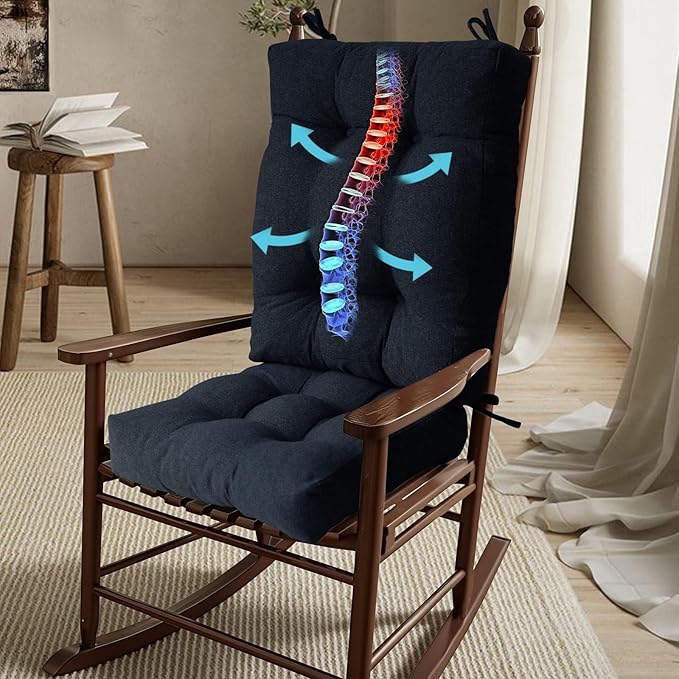 Rocking Chair Cushion, Set of 2, with Thicken Seat & Lumbar Support Back Cushion, Ergonomic Chair Cushion Non-Slip Bottom with Ties for Indoor/Outdoor Rocker, Office Chair, 22X17 Inch, Blue Color