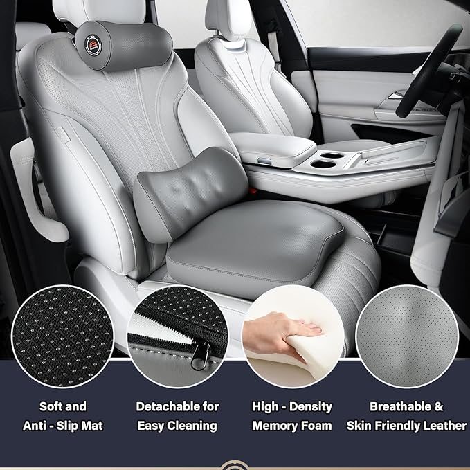 Coverado Seat Cushion and Lumbar Support Pillow for Driving Seat, Neck Headrest Pillow with Adjustable Strap, Soft and Breathable PU Leather, High Density Memory Foam for Neck & Lower Back Pain Relief