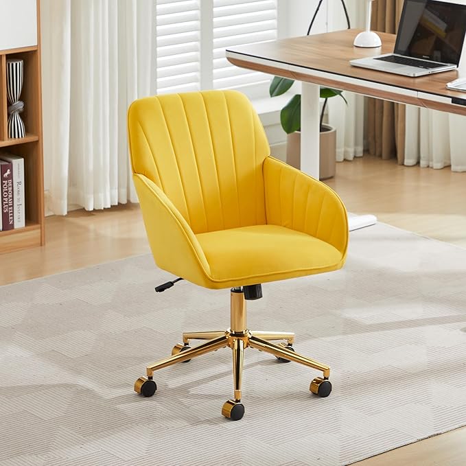 Velvet Home Office Desk Chair, Modern Cute Computer Task Chair with Back, Height Adjustable Upholstered Vanity Chair with Swivel Wheels for Women, Girls (Gold Base, Lemon Yellow