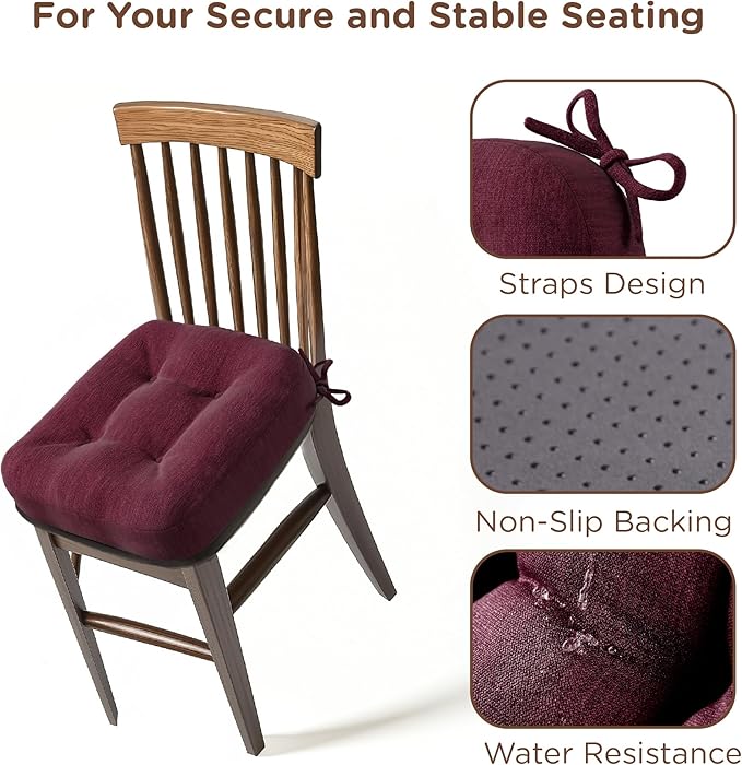 Codi Dining Chair Cushions 2 Pack, Thick Chairs Pads for Indoor Kitchen Room - Washable, Non-Slip Memory Foam Seat Cushion with Ties, 16.5"x16.5"x 3.5", Set of 2, Wine New