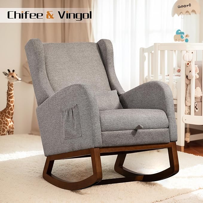 Chifee & Vingol Rocking Chair Nursery with Foot Rest & Pillow,Polyester,Light Grey