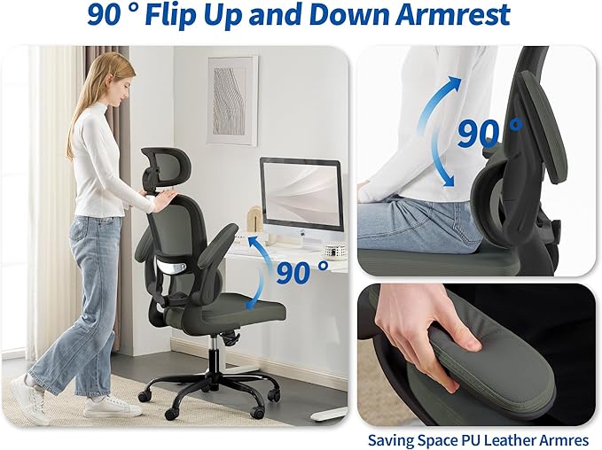 TRALT Ergonomic Office Chair - Desk Chair with Adjustable Headrest Lumbar Support Computer Chair - Mesh Comfy Chair with Flip-up Armrests - Gaming Chairs for Adults Home Office (Leather, Dark Green)