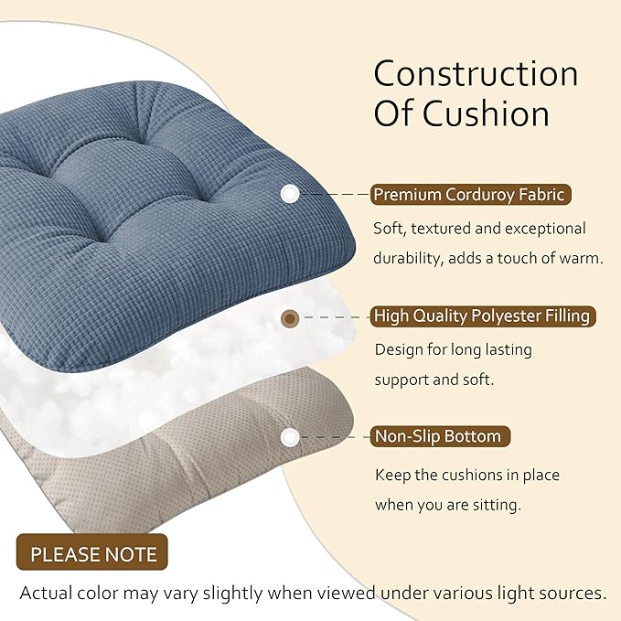ELFJOY Dining Chair Cushions Set of 2 Thick Non Slip Kitchen Chair Pads with Ties Comfortable Indoor Kitchen Seat Cushions (18" x 18" x 3" Light Blue)