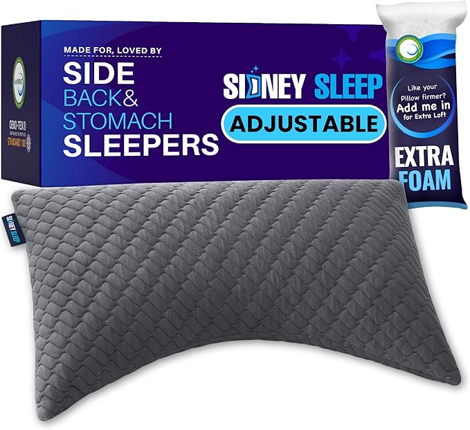 Sidney Sleep Adjustable Curved Pillows for Neck and Shoulder Support with Extra Shredded Fill - Cervical Contour Pillow for Side and Back Sleepers - Queen Size 19" x 29" CertiPUR-US Certified (Grey)