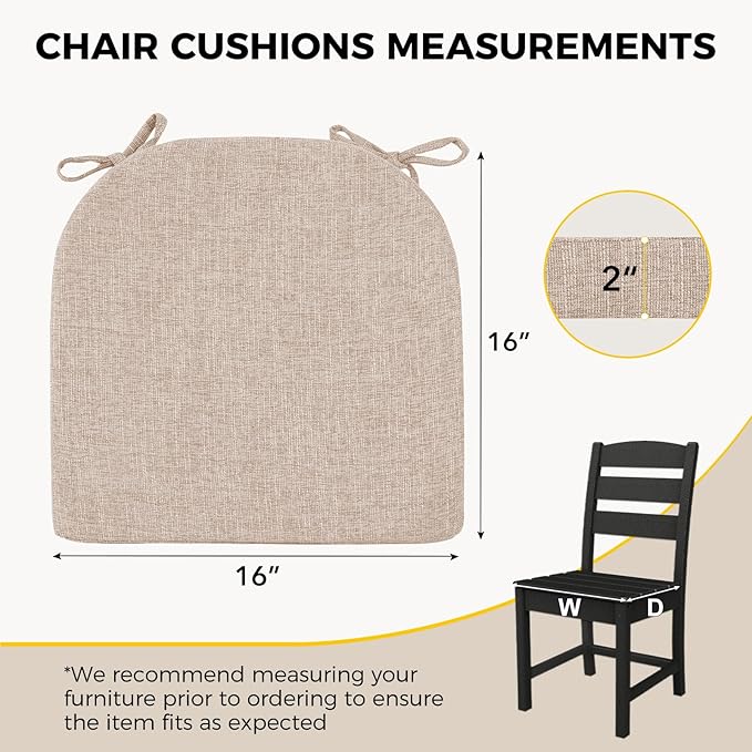downluxe Indoor Chair Cushions for Dining Chairs, Kitchen Chair Pads with Ties and Non-Slip Backing, 16" x 16" x 2", Oatmeal Beige, 4 Pack