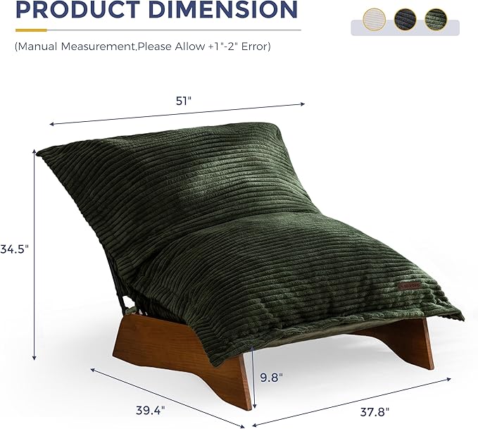 MAXYOYO Adjustable Living Room Chair, Convertible Bean Bag Chair & Recliner with Frame, Removable Cushion Floor Sofa Corded Fabric, Soft Upholstered Lounge for Bedroom, Dorm, Green