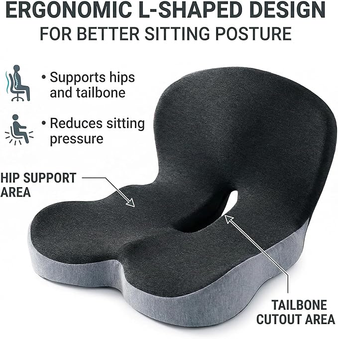 Ergonomic L-Shaped Memory Foam Seat Cushion for Office Chair & Car Seat, Breathable Sitting Pad for Long Sitting Relief, Tailbone & Hip Support Cushion for Driving, Desk Chair, Wheelchair