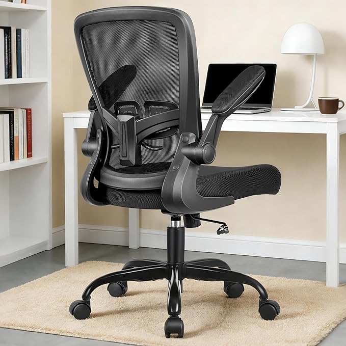 Ergonomic Office Chair Fully Upgraded Mesh Desk Chair with Flip-up Armrests, Adjustable Height and Lumbar, 360° Swivel Comfortable Computer Chairs for Home, Conference Room, Reception, 350lbs, Black