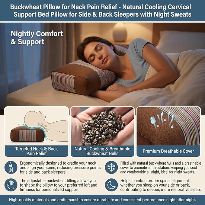Adjustable Buckwheat Hull Pillow for Neck Pain Relief (21x8x4in) Natural Cooling Cervical Support Bed Pillow for Side & Back Sleepers with Night Sweats (Brown)
