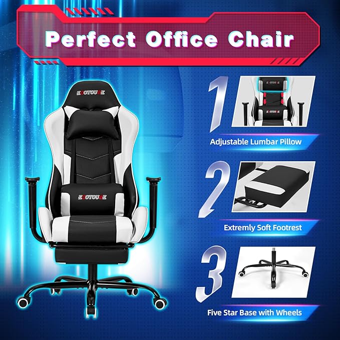 ECOTOUGE PC Massage Gaming Chair with Footrest Ergonomic Office Desk Chair Racing PU Leather Recliner Swivel Rocker with Headrest and Lumbar Pillow,White