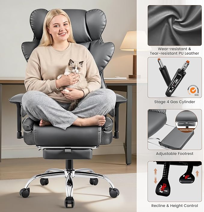 BESTFAIR Big and Tall Office Chair for Heavy People - 400 LBS Capacity Executive Chair with High Back & Footrest, Ergonomic Wide Padded Seat Computer Gaming Chair, Smoke Gray