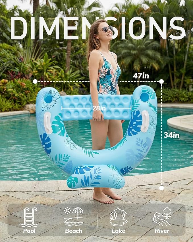 HLDIRECT Inflatable Pool Floats Adult, Floating Pool Chair with Cup Holders for Swimming Pool, Water Chair Pool Lounger with Handles & Ergonomic Headrest for Party Summer Water Fun