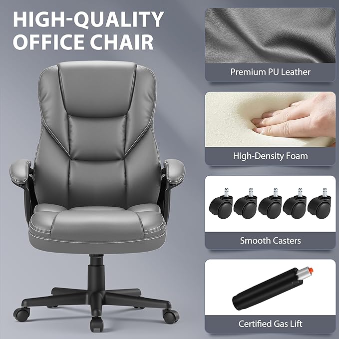 Shahoo Ergonomic Office Chair Executive PU Leather Chair with Comfortable Head Rest, Thickened Cushioned Armrest and Lumbar Support for Office & Home, Grey