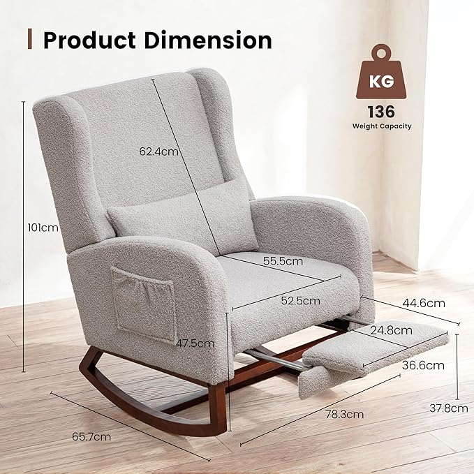 Nursery Rocking Chair,Rocking Chair with Foot Rest,Nursery Rocker Comfy Glider Nursing Chair with Back Pillow for Living Room,Bedroom,Light Grey