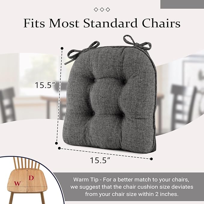 Wellsin Chair Cushions for Dining Chairs, Non-Slip Kitchen Chair Pads with Ties, Tufted Shredded Foam Kitchen Chair Cushions Set of 2, 15.5" X 15.5", Dark Grey