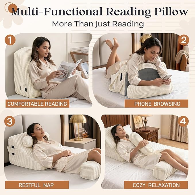Reading Pillow/Backrest Pillow with Arms, Cup Holder & Phone Pocket - Bed Rest Pillow with Adjustable Headrest, Corduroy Fabric for Back Support in Bed/Sofa/Floor (Off-White, 19 INCH)