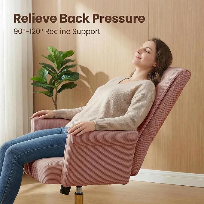Stripes Velvet Home Office Desk Chair, Accent Upholstered Modern Height Adjustable Swivel Chair with Wheels,Ergonomic Task Chair for Living Room,Bedroom,Vanity,Study,Office（Pink）
