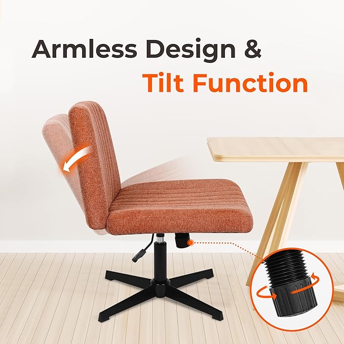 NEO CHAIR Criss Cross Chair No Wheels Armless Cross Legged Office Desk Wide Comfy Vanity Makeup Chair Adjustable Computer Task for Home Office Fabric (Brown)