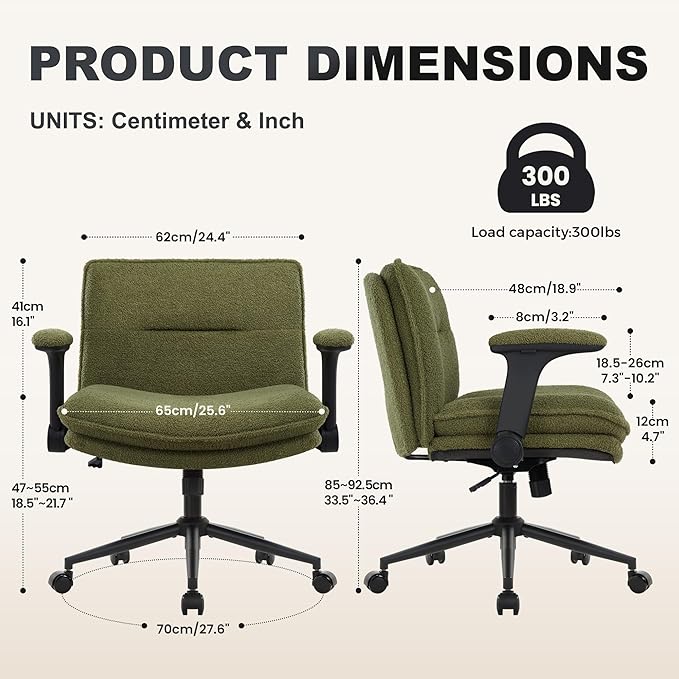 Criss Cross Legged Office Chair with Wheels and Flip-Up Arms, Ergonomic Wide Seat Desk Chair with Thick Padded, Height Adjustable Criss Cross Chairs for Home Office, Bedroom,Vanity,Green