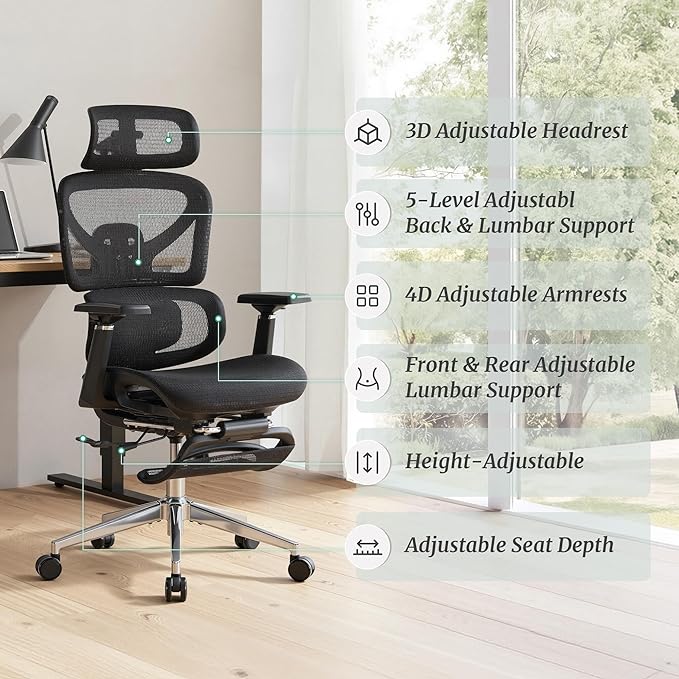 Cozyman Ergonomic Office Chair with Footrest - 5-Level Adjustable Lumbar Support & 90-135°Recline, 3D Headrest & 4D Armrests, Breathable Mesh Seat Computer Chair for Home Office, Gaming, Black