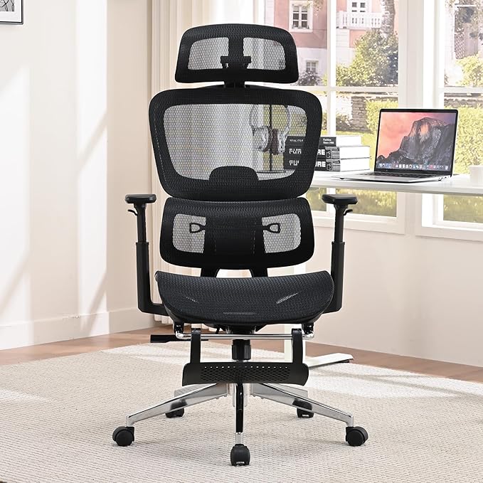 Ergonomic Office Chair, Home Mesh Desk Computer Chair, Comfortable Gaming Chair with Footrest, Wheels, Adjustable 2D Headrest, Lumbar Support, High Back and 3D Armrest, Black