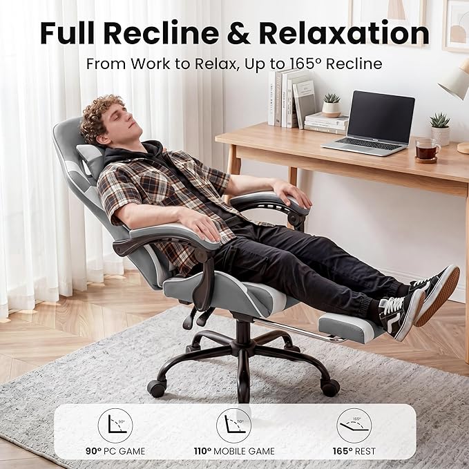 Gaming Chair, Ergonomic Computer Chair with Footrest and Lumbar Support, Height Adjustable Office Chair with 360° Swivel Seat and Headrest (White)