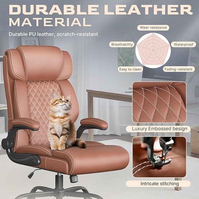 Office Chair-Executive High Back Breathable Big and Tall Office Chair Flip-up Armrests Lumbar Support-Ergonomic Leather Rolling Swivel Chair with Rock Function for Working Studying Gaming,Brown