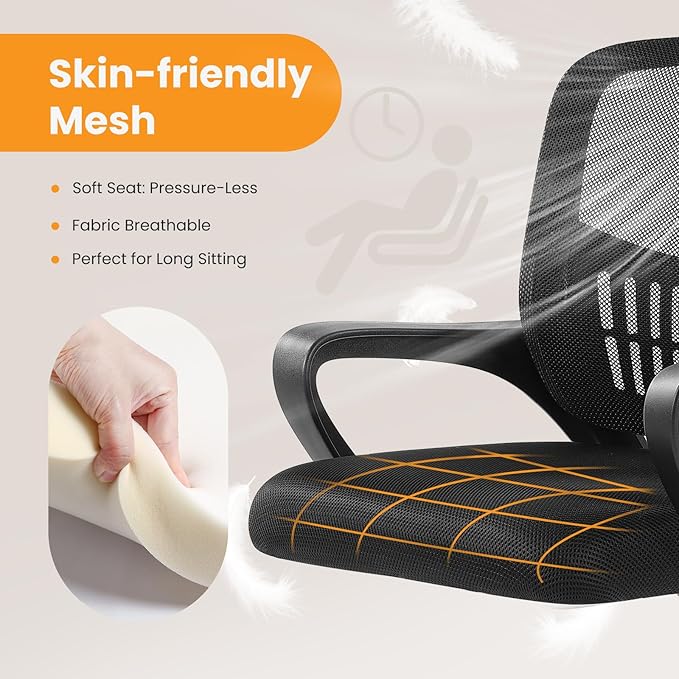 Sweetcrispy Home Office Managerial Executive Chair, Ergonomic Mesh Adjustable Swivel Mid-Back Computer Desk Chair with Comfortable Lumbar Support, Comfy Arms for Bedroom,Study