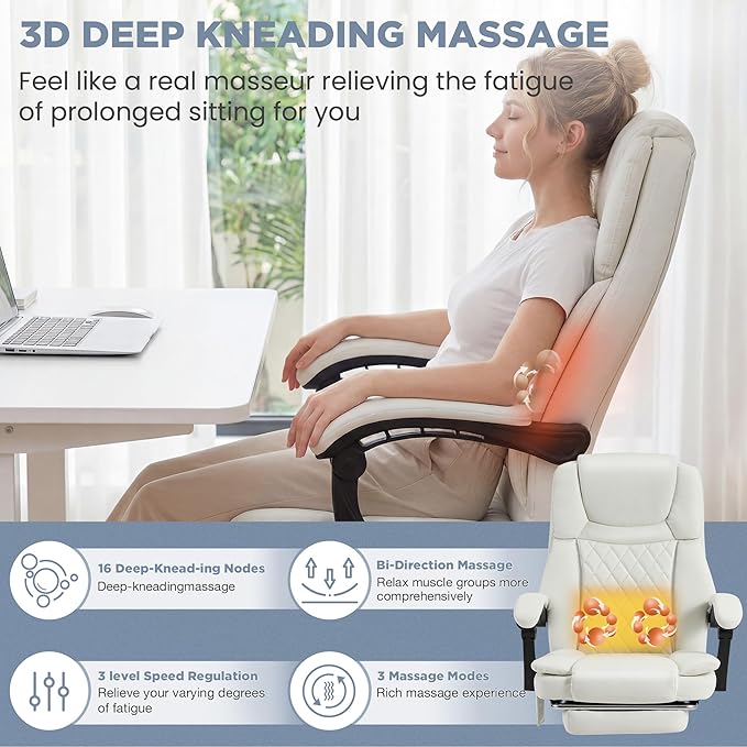 HOMREST 3D Kneading Massage Office Chair with 16 Kneading Nodes & Lumbar Support,Ergonomic Reclining Desk Chair with Footrest & Linkage Armrests,PU Leather Executive Chair with for Home Office (White)