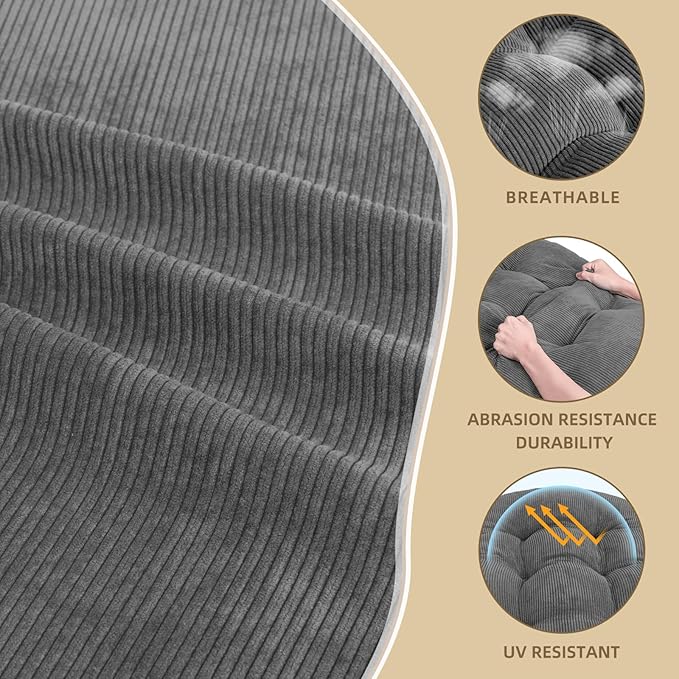 Rocking Chair Cushion - Corduroy Fabric, High-Density Sponge, Durable Comfort Non-Slip Bottom Tufted Seat Pads with Ties, Corduroy︱Grey, 44x19x4 inch