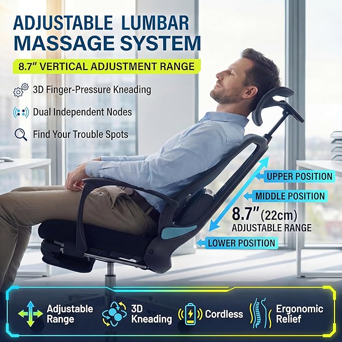 Ergonomic Office Chair with Footrest & Adjustable Lumbar Massager, High Back,Big and Tall,Desk Chair with 5D Headrest, Reclining Swivel Rolling Mesh Chair for Home Office, 400LBS (Black)