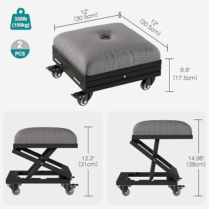 VECELO Foot Rest Under Desk at Work, Height Adjustable Rolling Foot Stool Set of 2 with Wheels, Cushioned Seat for Living Room, Bedroom, Home Office