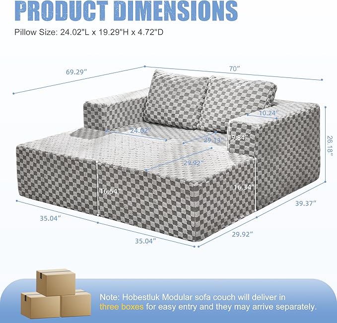Hobestluk Modular Sectional Sofa Memory Foam Couch Sofa Bed Loveseat with Chaises Cloud Couch with Removable Cover Large Sectional Couches for Living Room (Plush Grey, Sofa Bed)