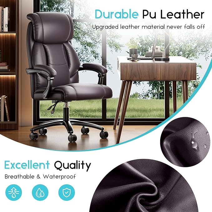 Ollega Reclining Office Chair, Executive Big and Tall Office Chair with Wide Seat, Recliner Leather High Back Computer Desk Chairs (Brown)