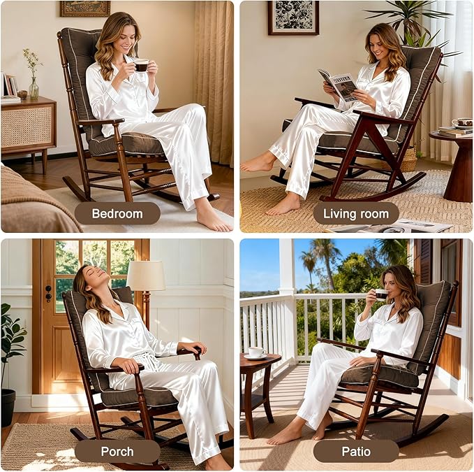 YZ HOME Rocking Chair Cushion, Set of Thicken Seat & Back Chair Cushions with Memory Foam, Non-Slip Chair Pad with Ties for Indoor&Outdoor Rocker, Dark Brown, 22x17x5/17x17x5