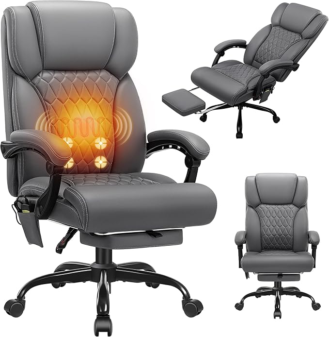 Massage & Heat Office Chair with Footrest, 400LBS Reclining Ergonomic Executive Chair for Big & Tall, High Back Home Office & Gaming Desk Chairs for Heavy People, Grey