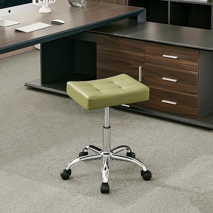 FIRAVOE Adjustable Work Stool with Wheels (300lbs Capacity) (Saddle Shaped Seat) Faux Leather Workbench Stool (Green)