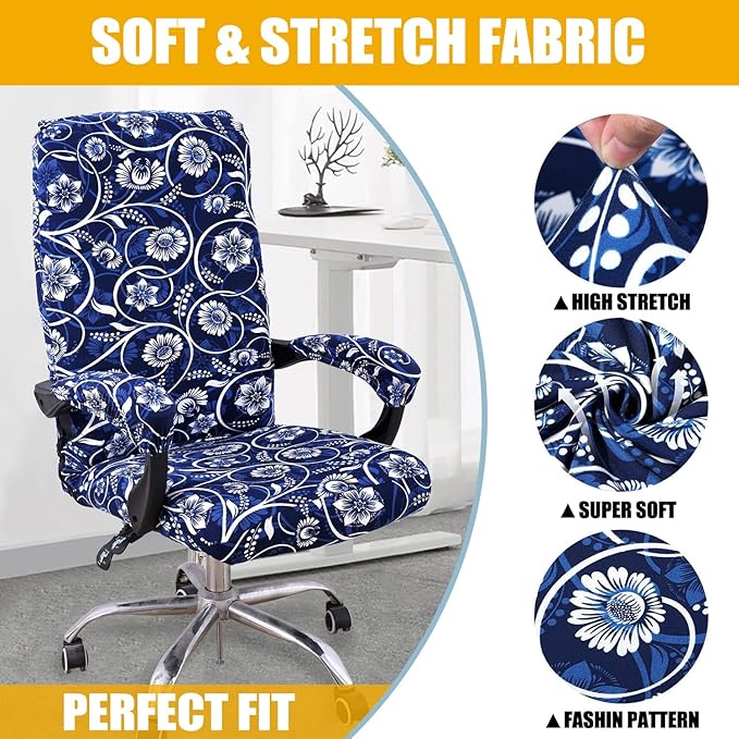 Smiry Stretch Printed Computer Office Chair Cover with Armrest Covers, Soft Fit Universal Removable Washable Desk Rotating Chair Slipcovers, Anti-Dust Spandex Protector with Zipper, Navy Blue