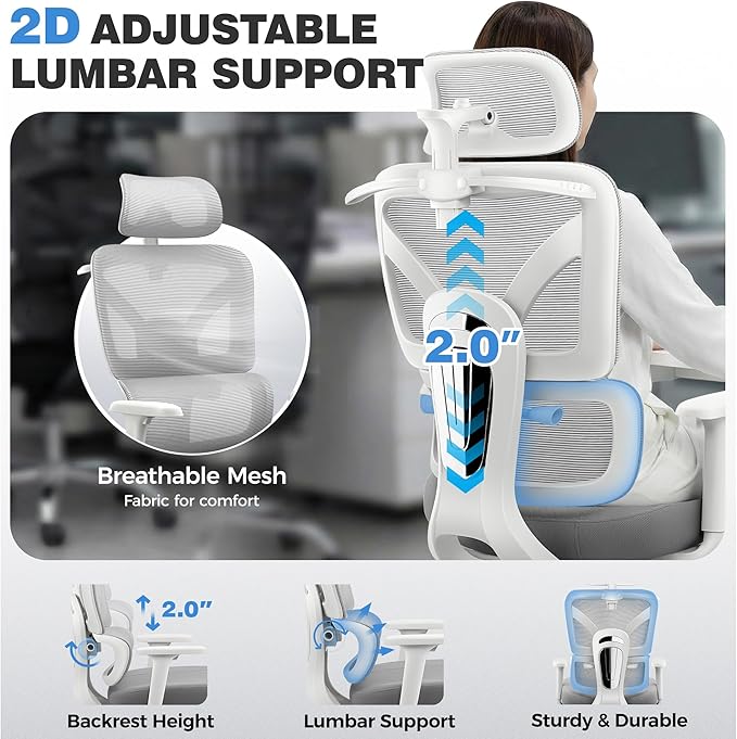 Office Chair, Ergonomic Office Desk Chair with Lumbar Support, Breathable Mesh Back & Thick Seat Cushion, High Back Office Desk Chairs Comfy for Home Office, 300Lbs, Gray
