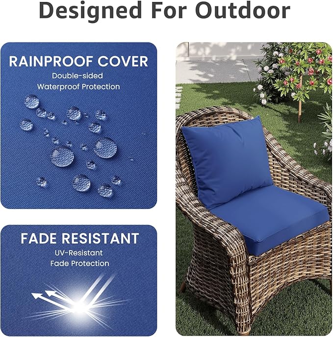 PatioGlow Outdoor Chair Cushions 20 x 20 x 3 Inch, Waterproof & Fade Resistant Patio Seat Cushion for Furniture with Handle and Ties, Thick Seating Pads for Outside Sofa Couch Set of 2, Blue