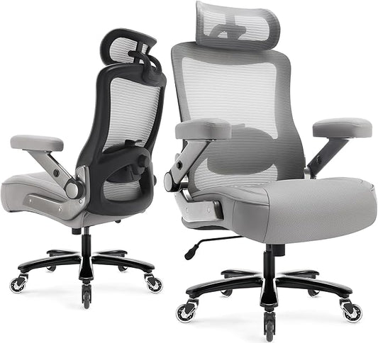 600lbs Big and Tall Office Chair- Heavy Duty Executive Computer Chair with 3D Flip Arms Large Wheels, Ergonomic Mesh High Back Desk Chair, Extra Wide Seat Adjustable Lumbar Support&Headrest