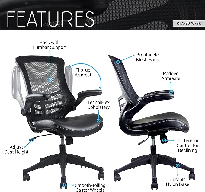 Stylish Mid-Back Mesh Office Chair With Adjustable Arms. Color: Black