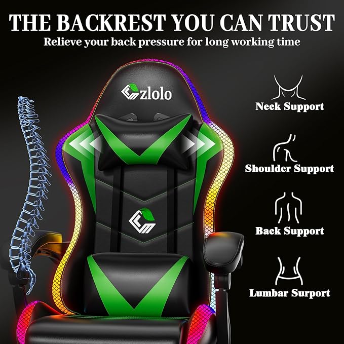 Czlolo Gaming Chair, Racing Style RGB LED Lights Gaming Chairs for Adults and Kids, Lumbar Massager Gamer Chair, High Back Reclining Computer Chair with Footrest and Headrest (Black/Green)