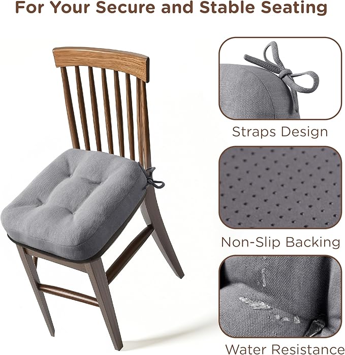 Codi Dining Chair Cushions 2 Pack, Thick Chairs Pads for Indoor Kitchen Room - Washable, Non-Slip Memory Foam Seat Cushion with Ties, 16.5"x16.5"x 3.5", Set of 2, Grey New
