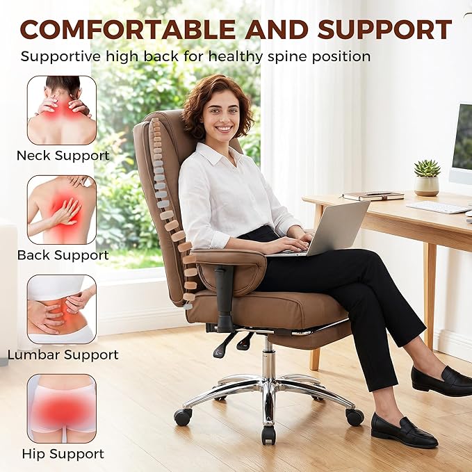 HOMCOM Ergonomic Executive Office Chair with Foot Rest, Reclining Swivel Computer Desk Chair with Adjustable Armrests, Spring Seat, High Back, Thick Cushion, Pet Friendly Faux Leather, Brown