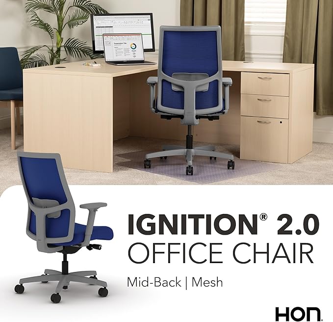 HON Ignition 2.0 Mid Back Task Chair, Spectrum Mesh, Advanced Synchro-Tilt Control, Office Chair with Lumbar Support, Height and Width Adjustable Arms, Titanium Frame, Cobalt